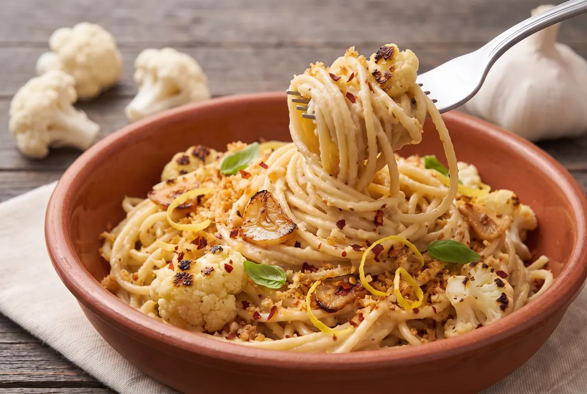 Side view of creamy roasted cauliflower pasta with fork