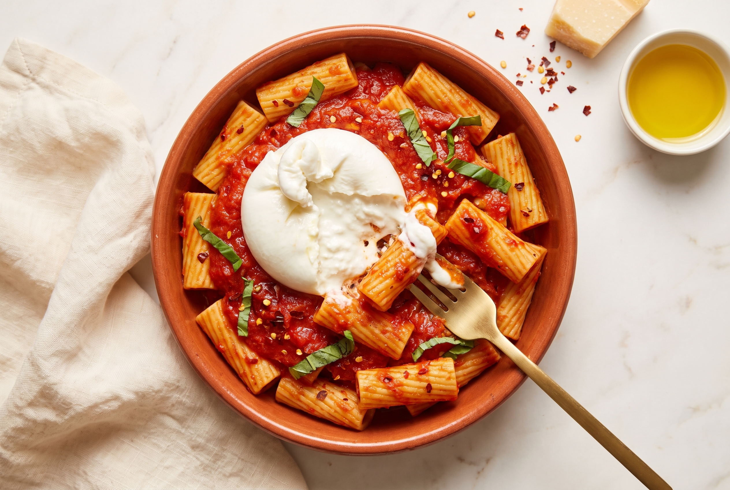 Spicy arrabbiata rigatoni with torn burrata in a terracotta bowl on marble