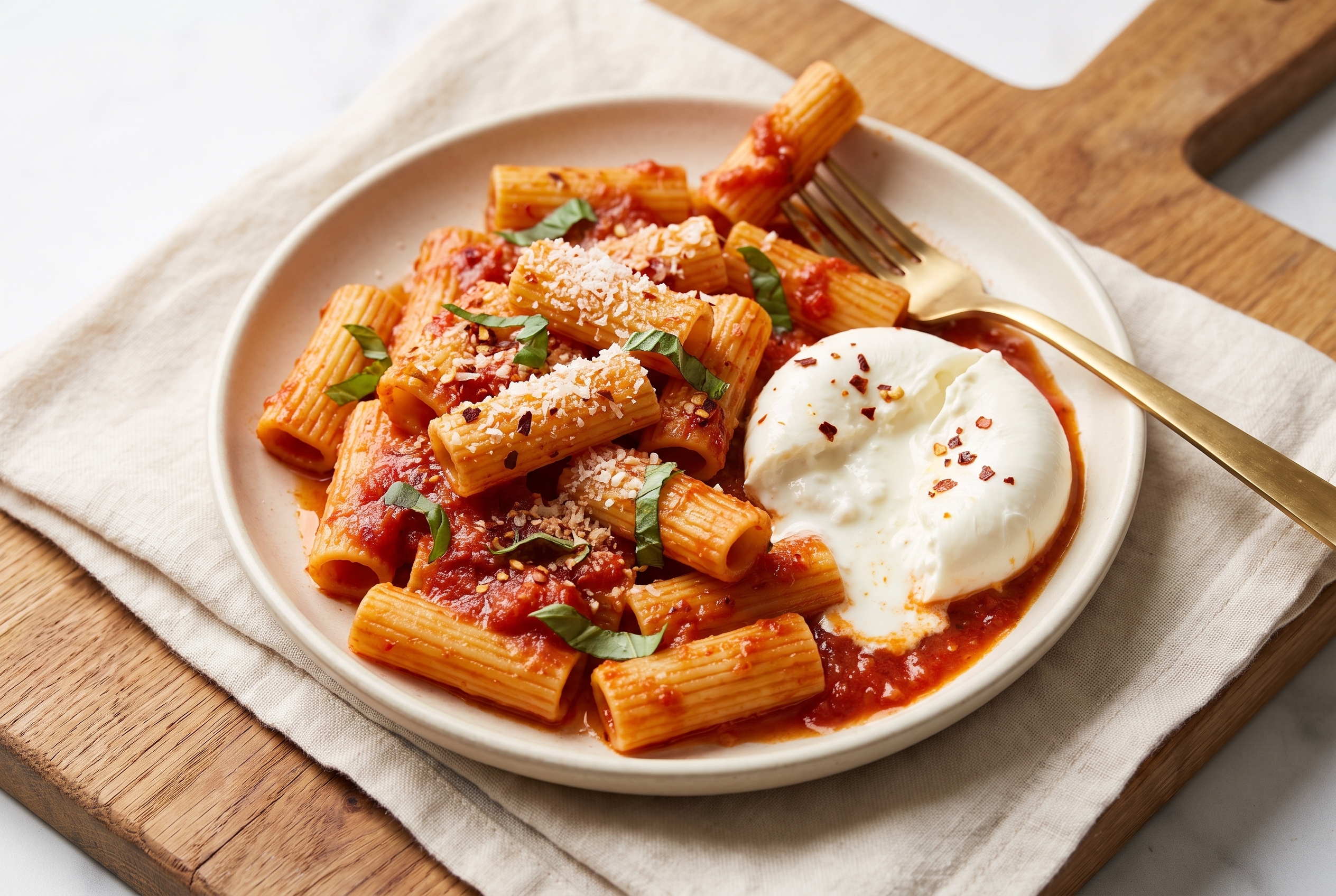 Cream stoneware plate of arrabbiata rigatoni with burrata