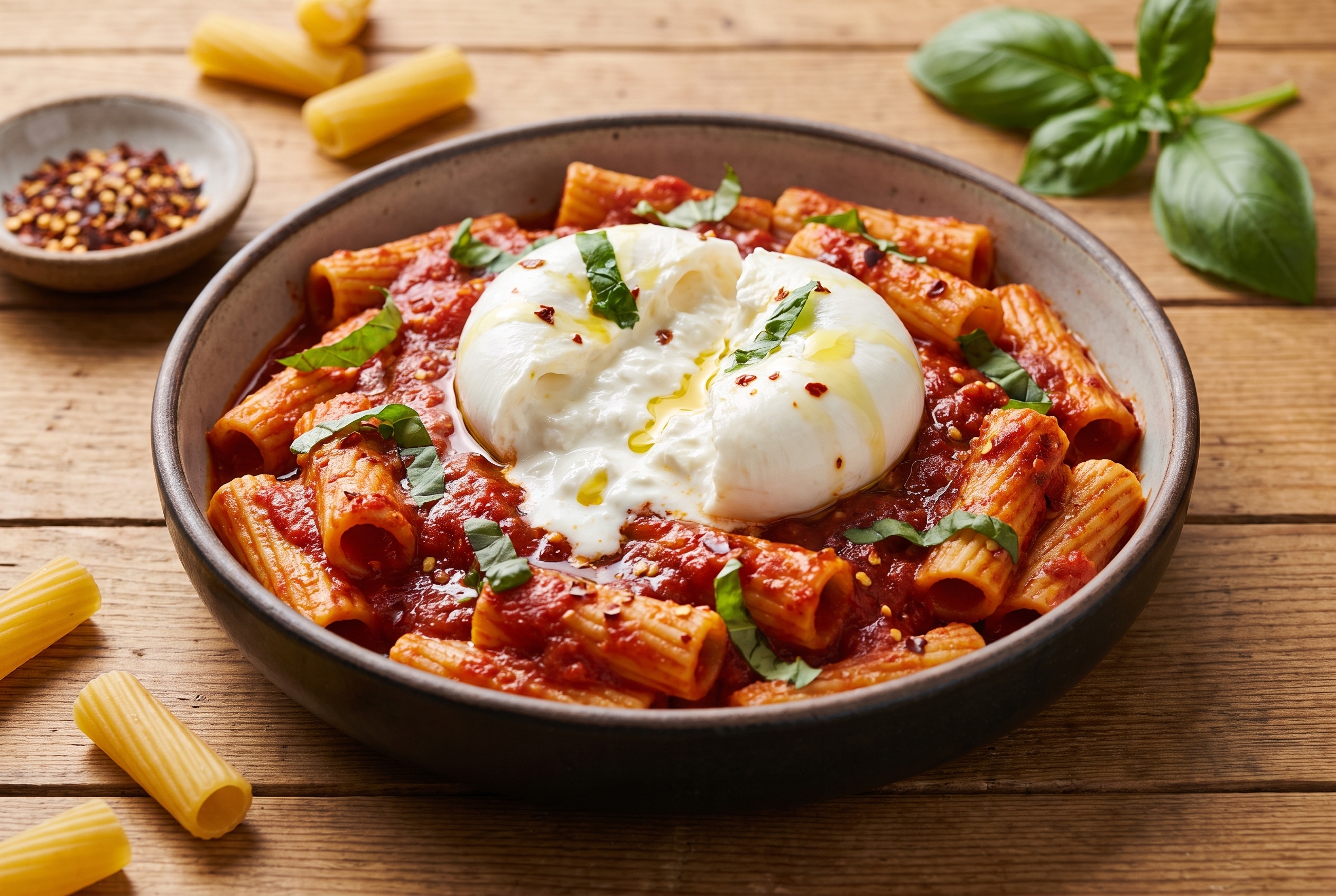 Rustic ceramic bowl of arrabbiata rigatoni with burrata on a wood table