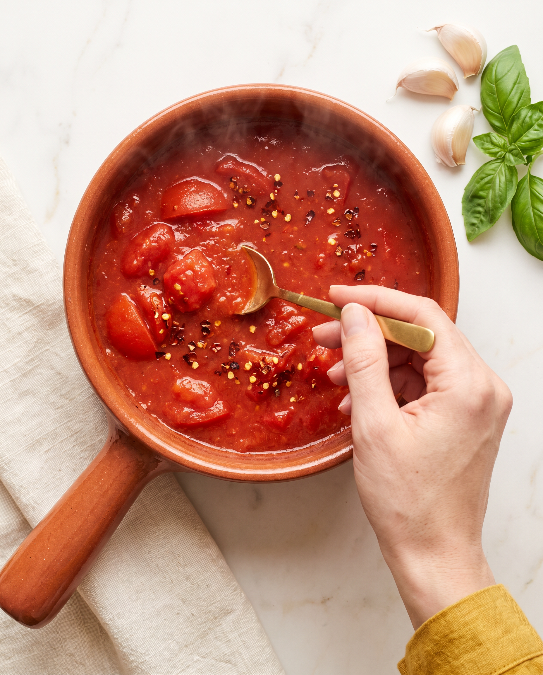 Hand stirring arrabbiata sauce in a terracotta pan