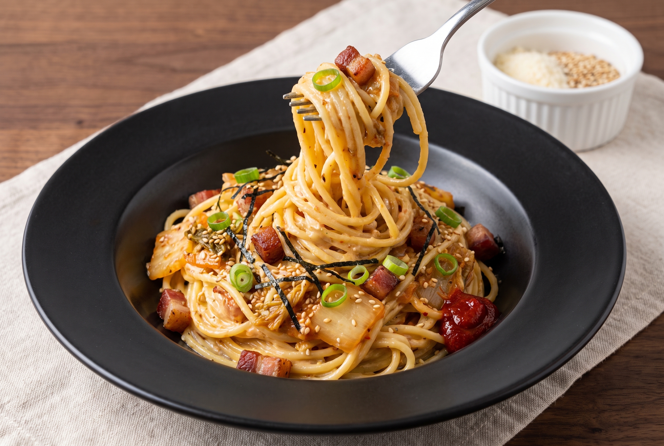 Spicy kimchi carbonara pasta mid-twirl with crispy guanciale and scallions