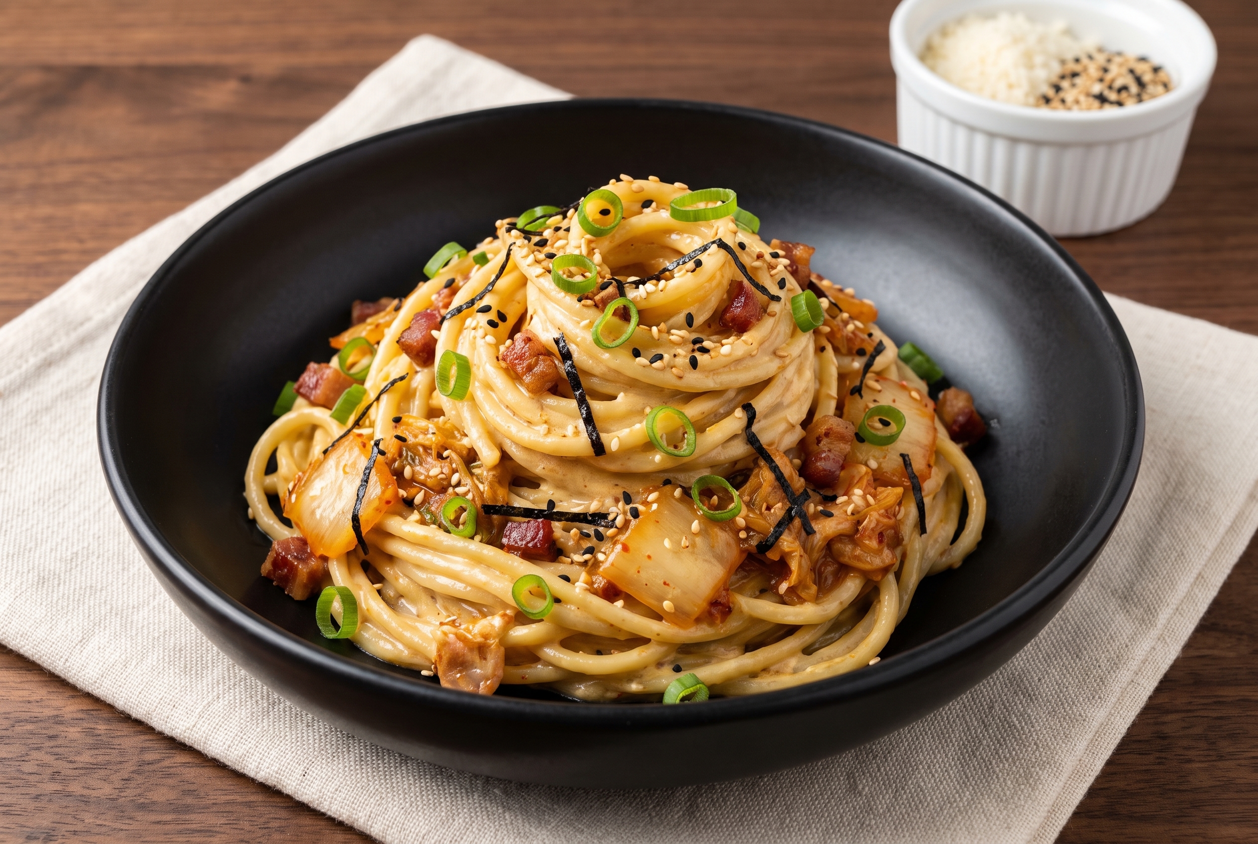 Close-up of kimchi carbonara in a black pasta bowl