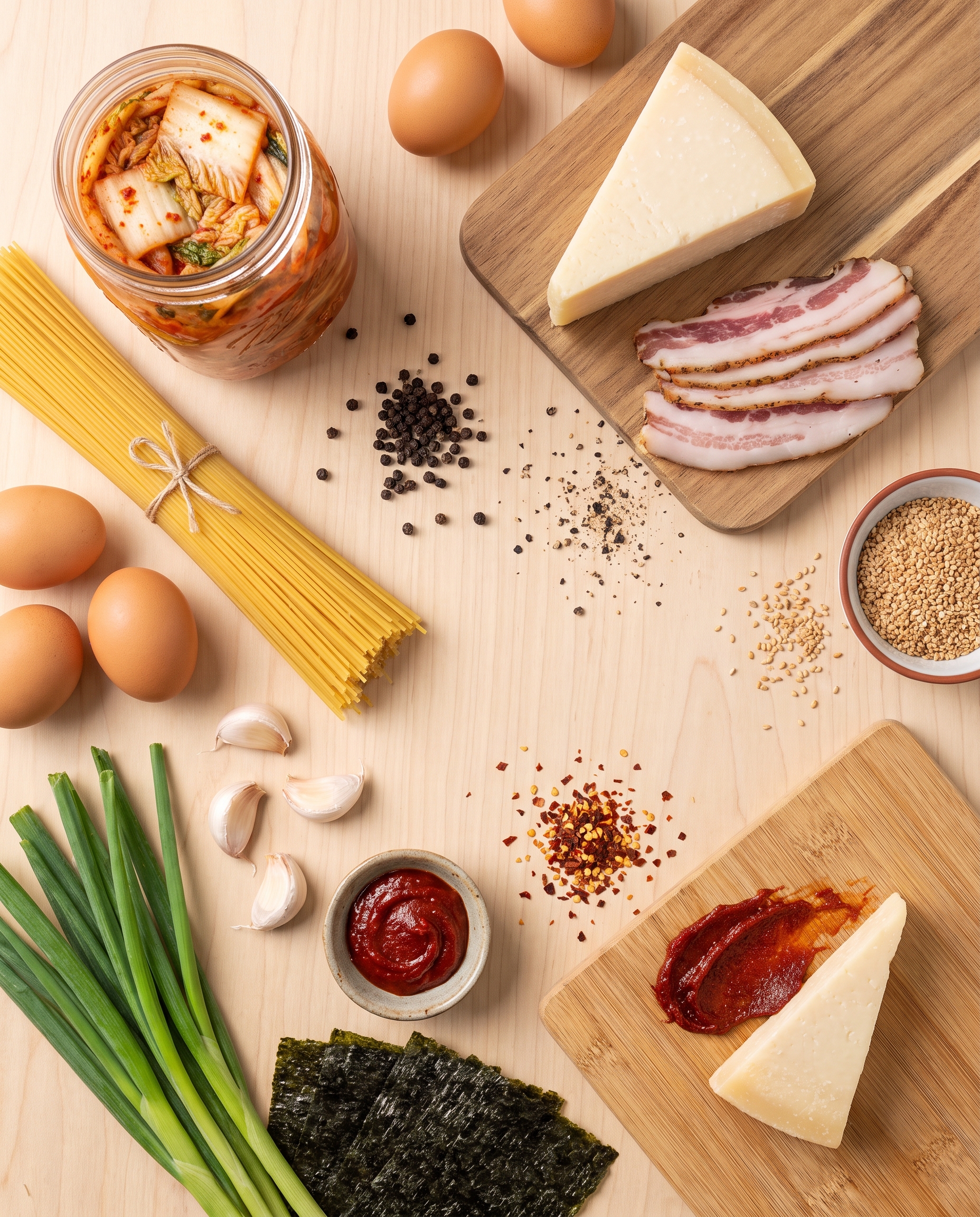 Kimchi carbonara ingredients arranged on a wooden surface