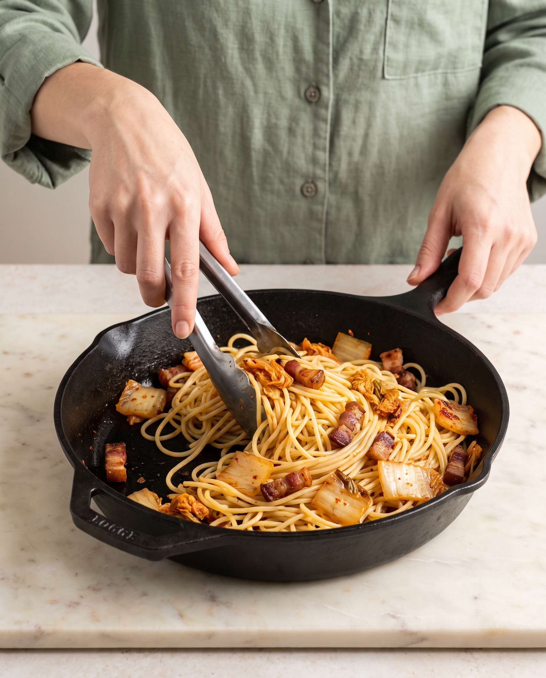 Hands tossing kimchi carbonara in a cast iron skillet