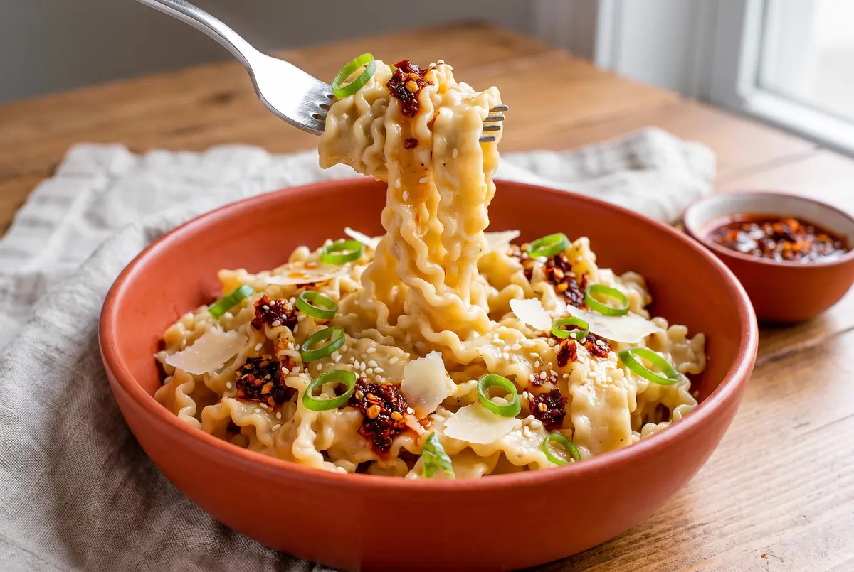 Spicy miso butter pasta in a terracotta bowl