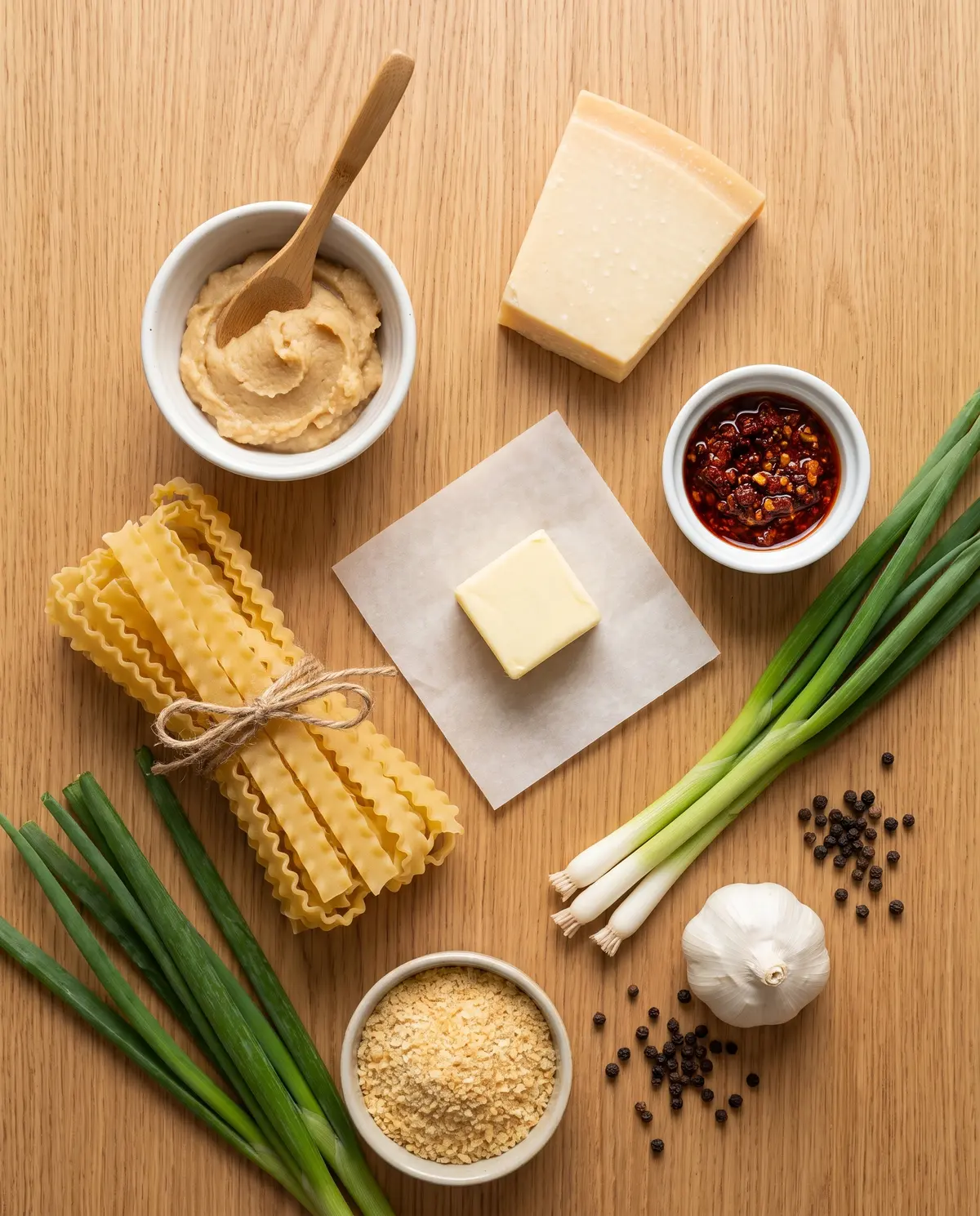 Ingredients for spicy miso butter pasta arranged on a wood table