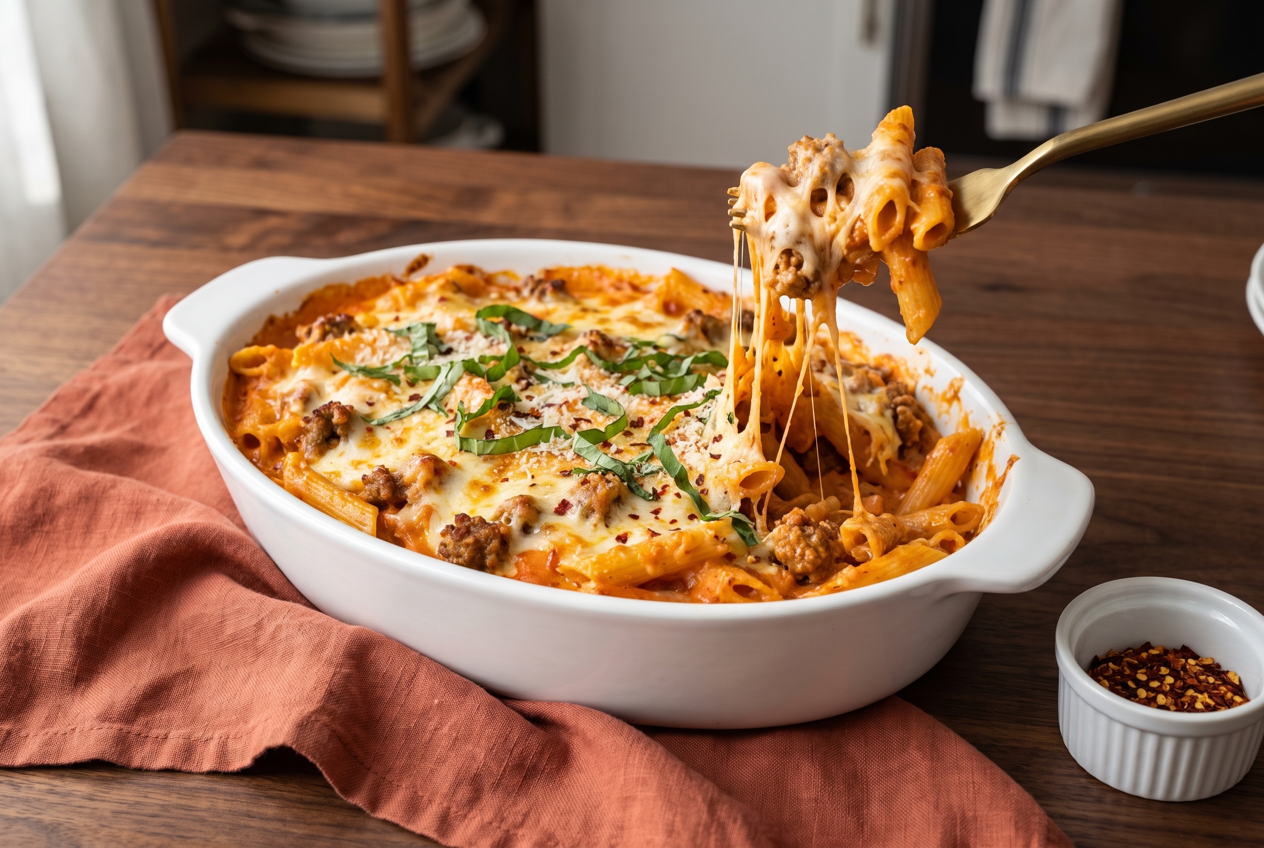 Spicy vodka pasta bake in white ceramic baking dish with cheese pull on brass fork