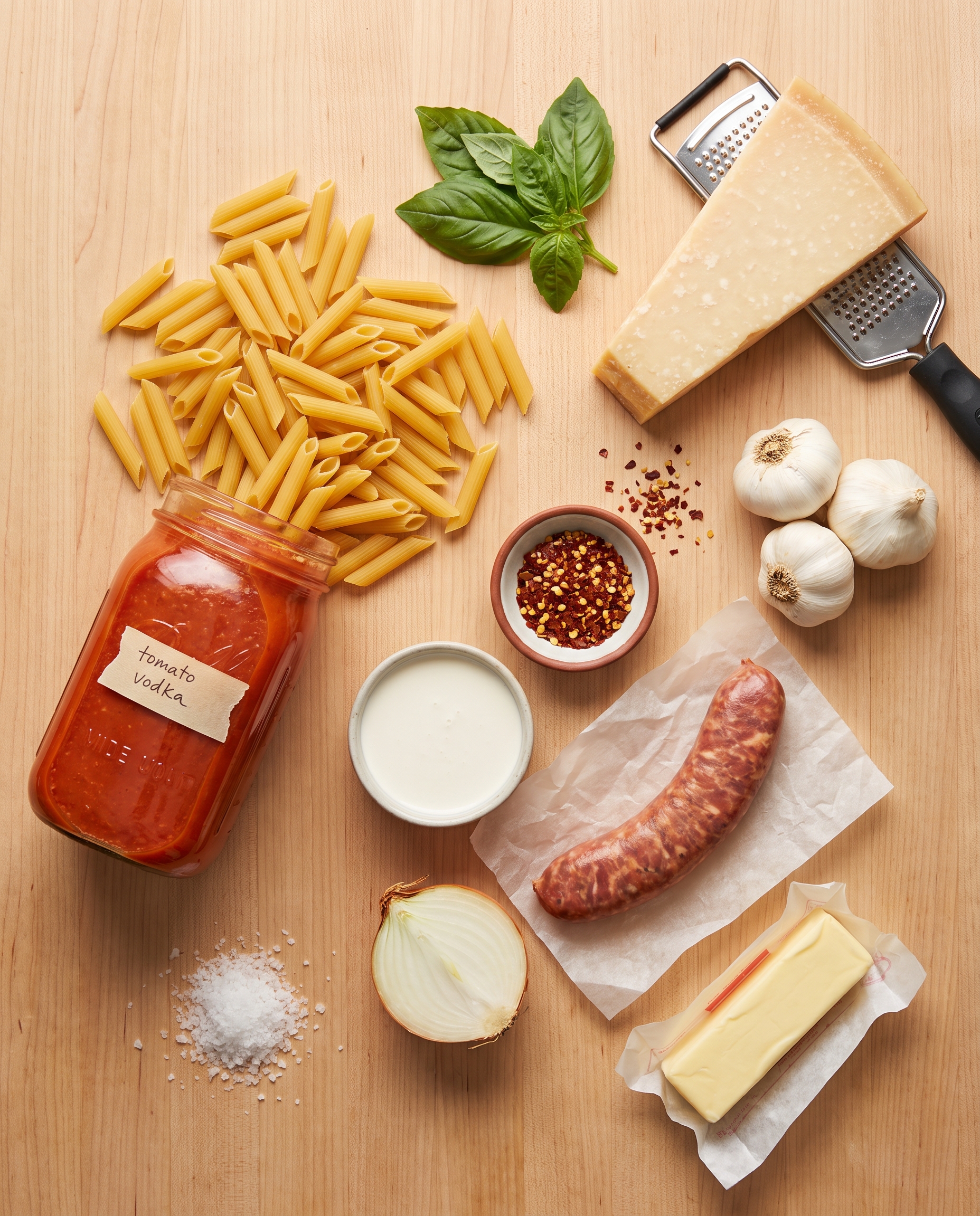 Flat lay of spicy vodka pasta bake ingredients on light wood surface