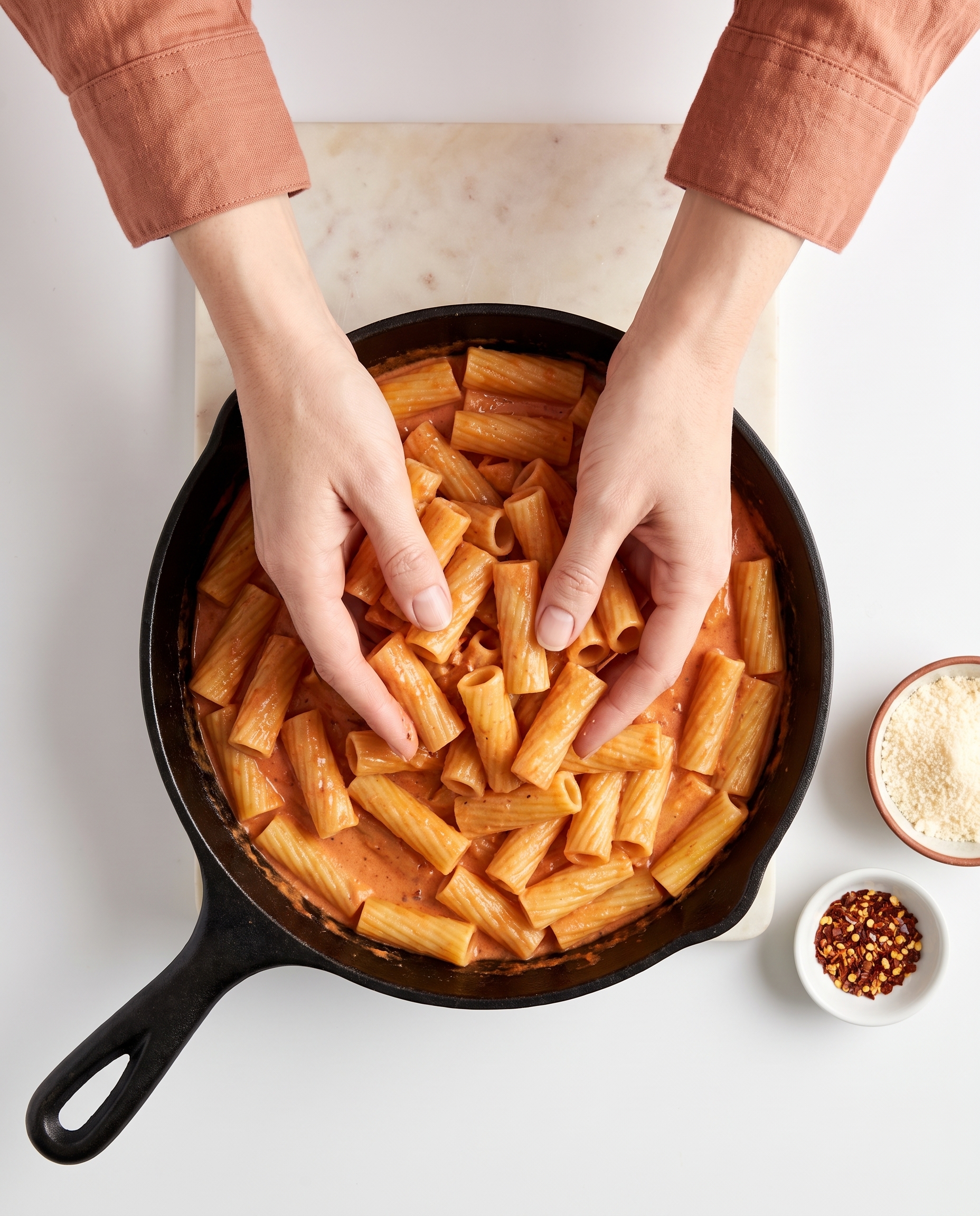Hands tossing rigatoni in vodka sauce in cast iron skillet