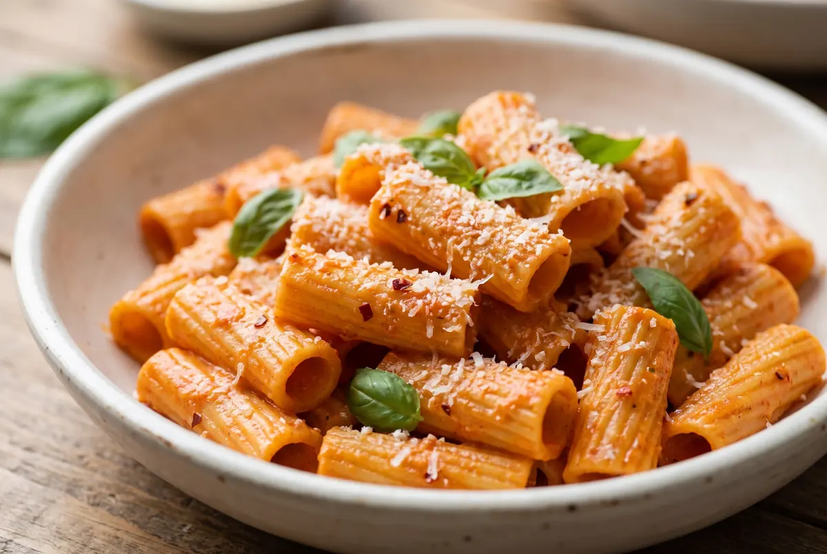 Spicy Vodka Rigatoni in a creamy tomato vodka sauce