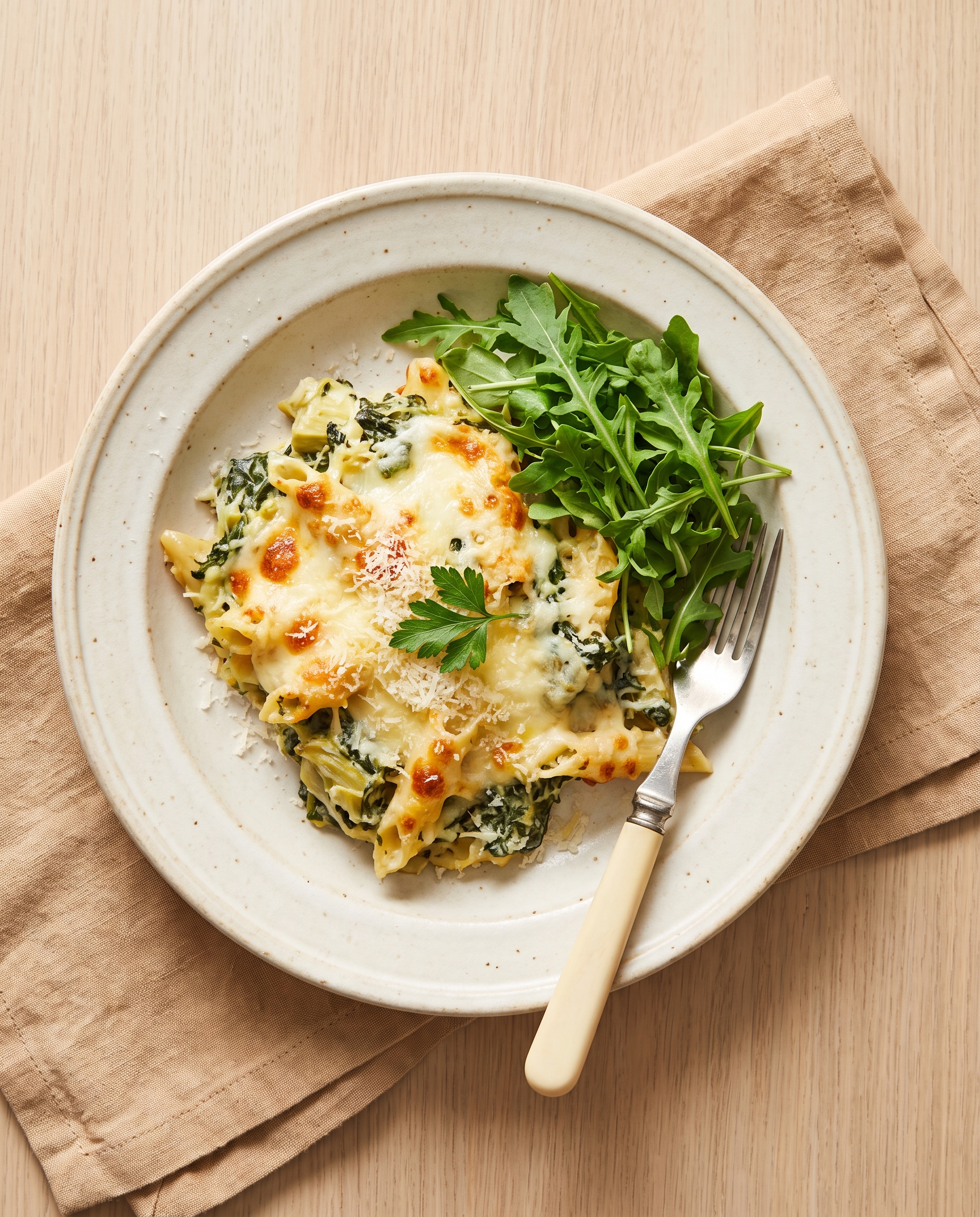 A serving of spinach artichoke baked pasta
