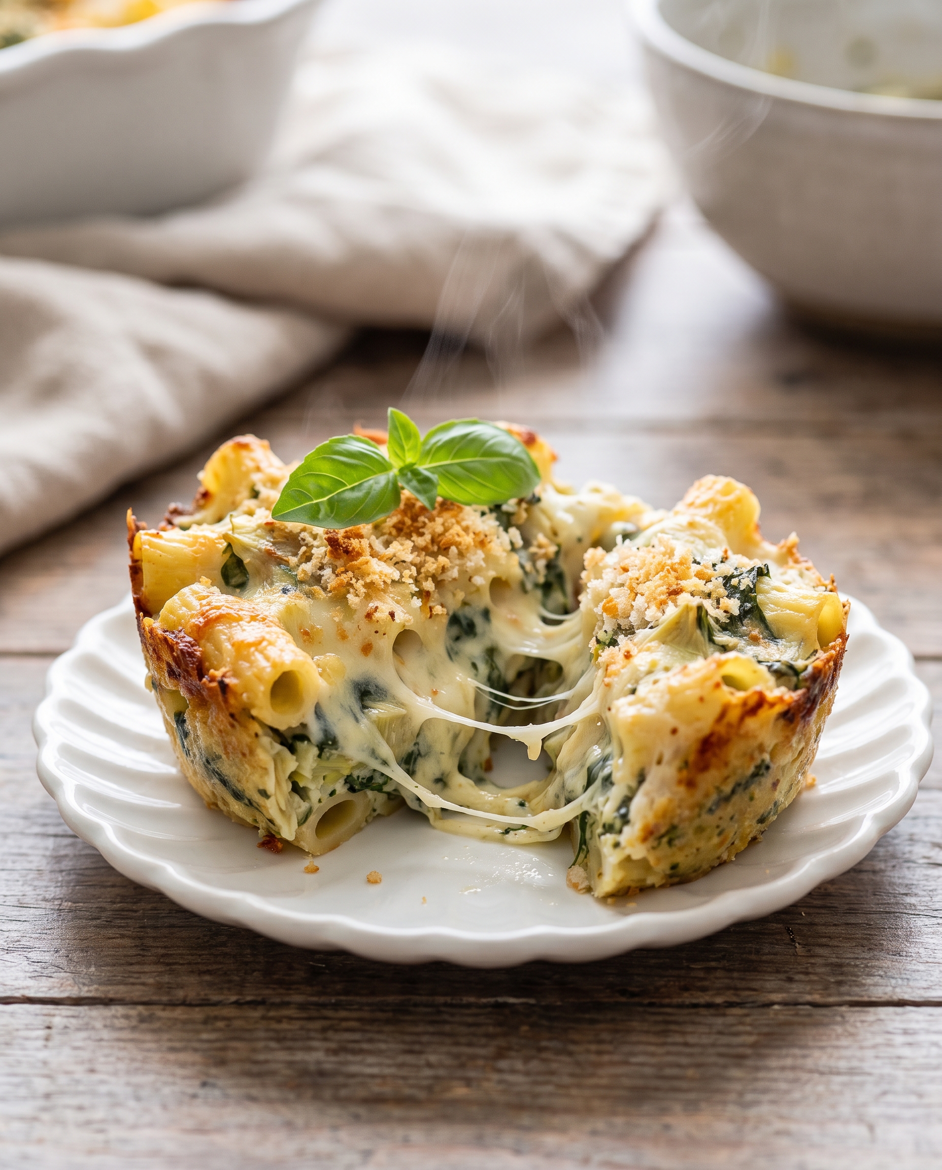 A single serving of spinach artichoke baked pasta on a plate