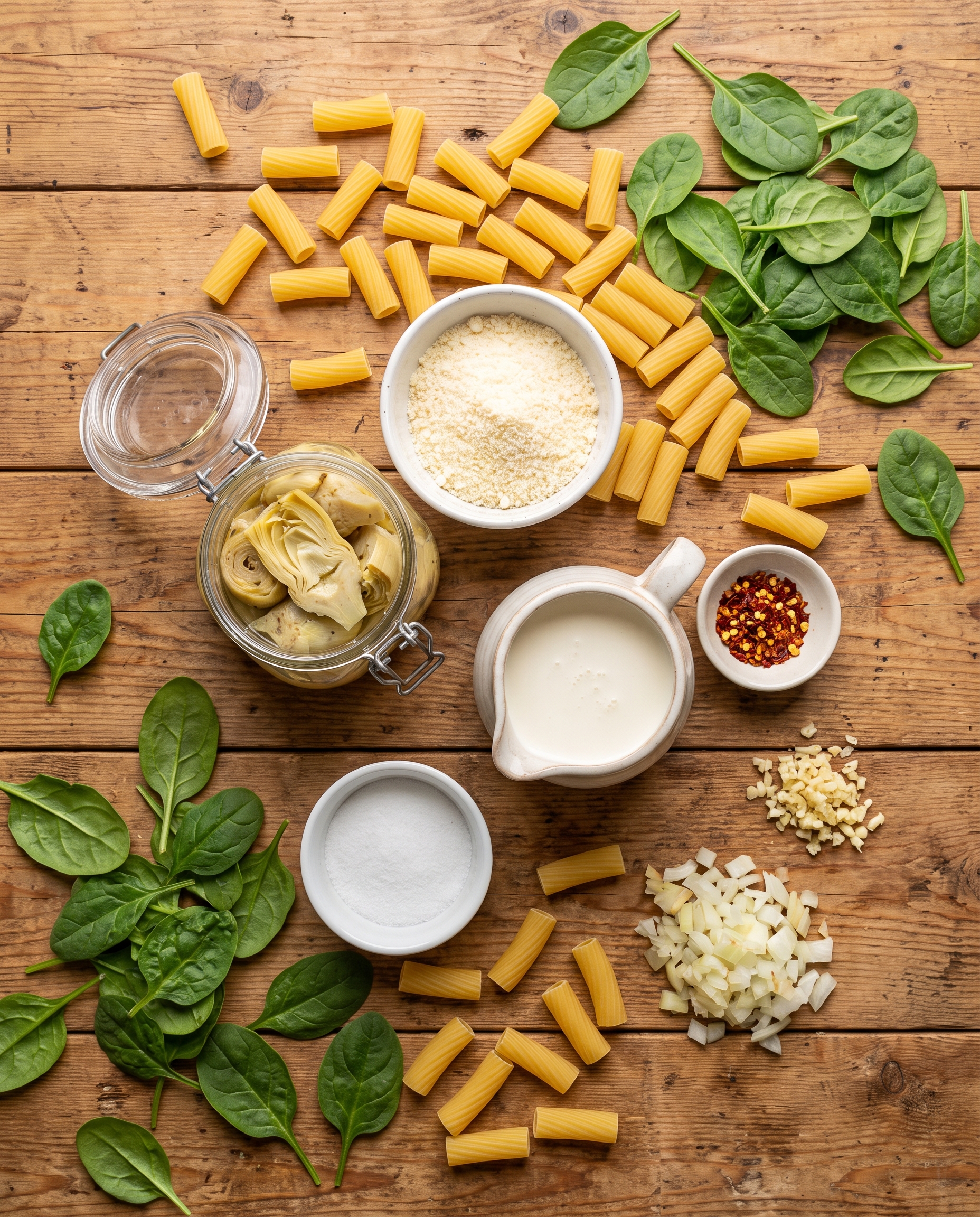 Ingredients for spinach artichoke baked pasta