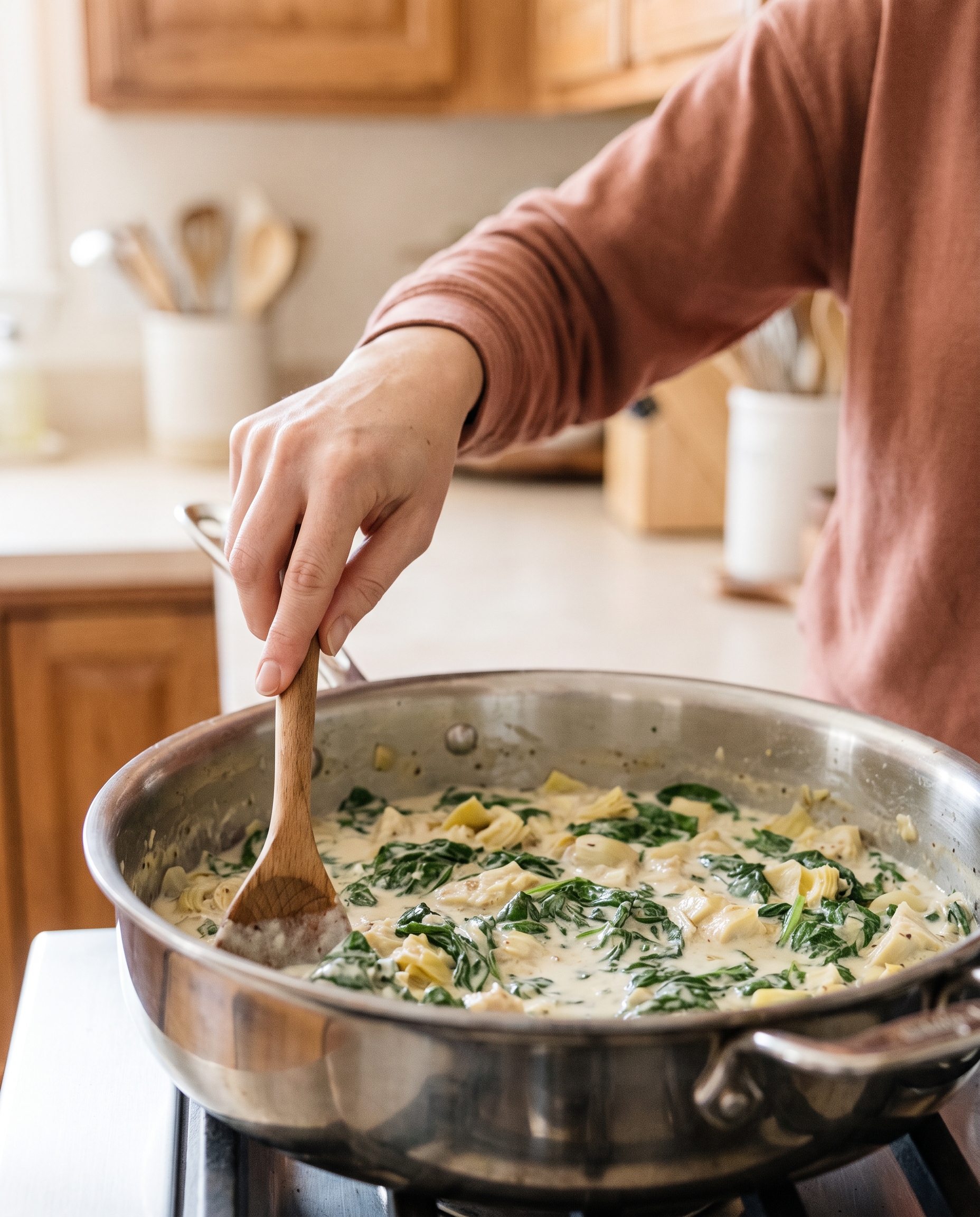 Stirring the creamy spinach artichoke sauce