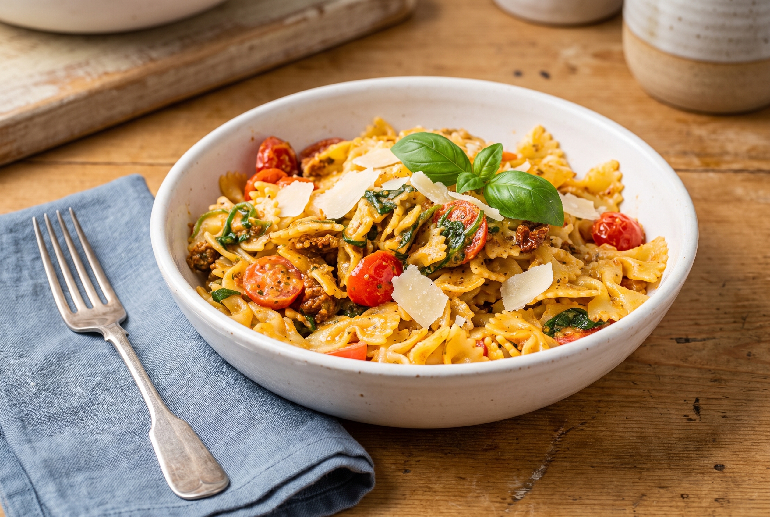 Bowl of sun-dried tomato pesto pasta garnished with basil and parmesan