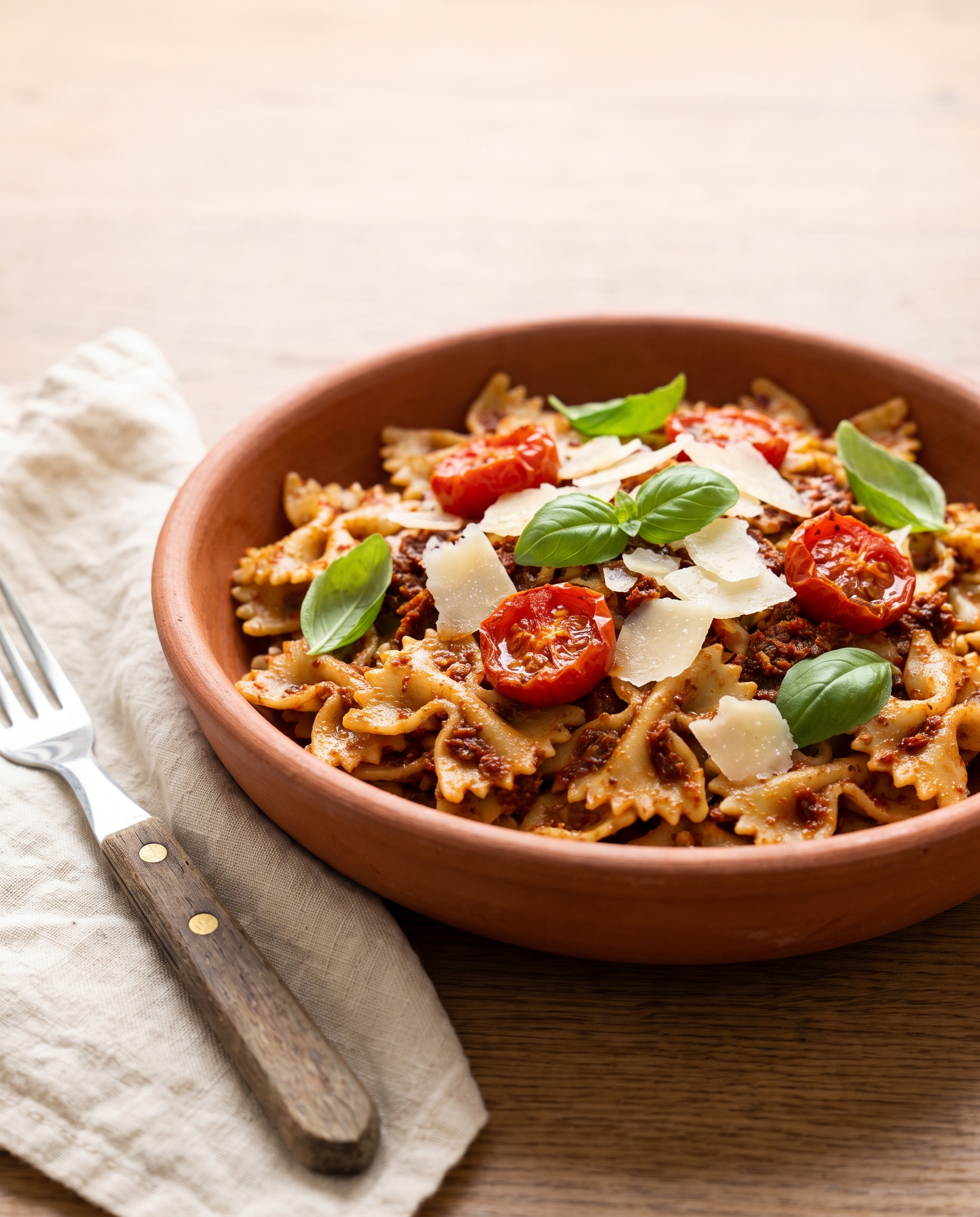 Side view of sun-dried tomato pesto pasta in a terracotta bowl