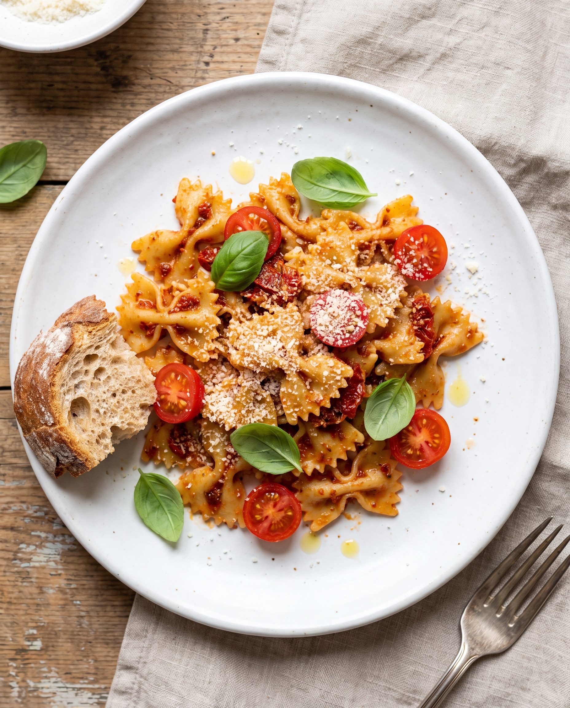 Overhead view of sun-dried tomato pesto pasta with basil and parmesan