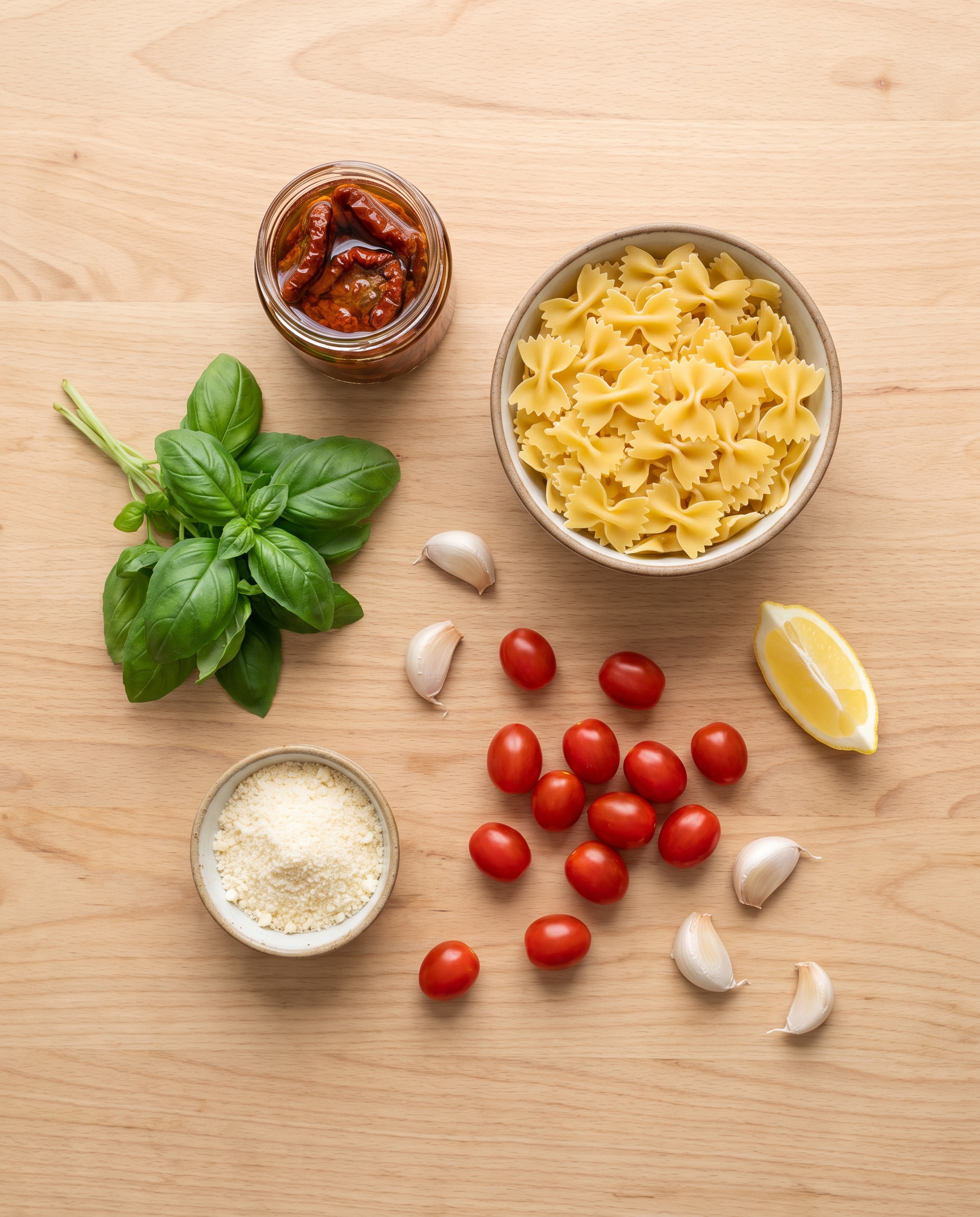 Flat-lay of sun-dried tomato pesto pasta ingredients on a wooden table