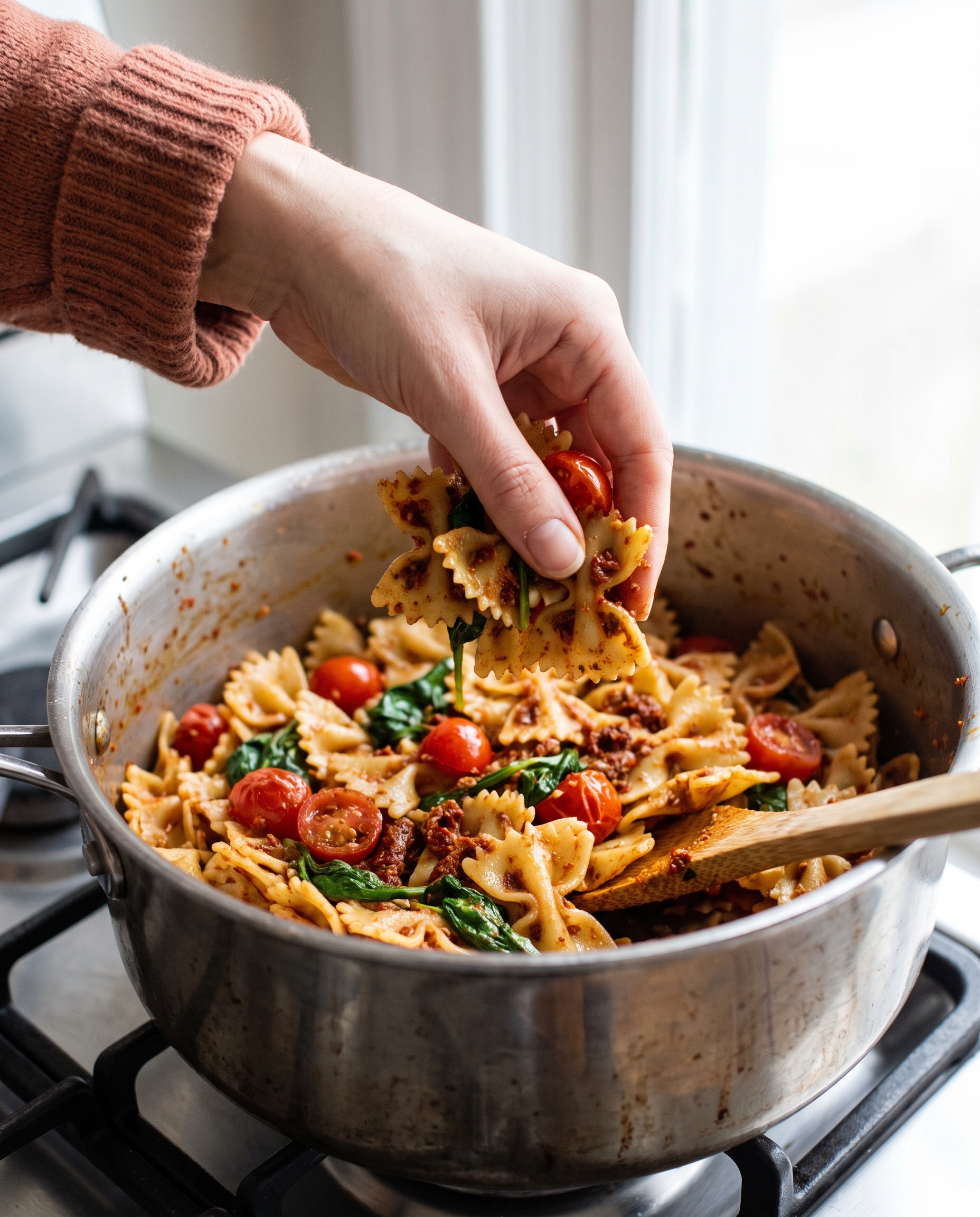 Hand tossing sun-dried tomato pesto pasta in a pot on the stovetop