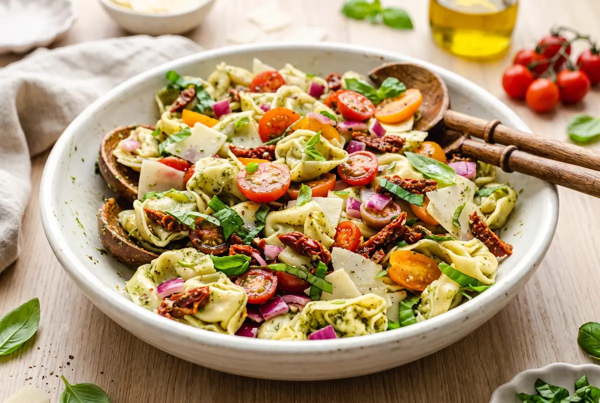Sun-dried tomato pesto tortellini salad in a ceramic bowl