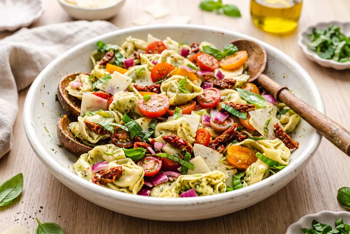 Sun-dried tomato pesto tortellini salad served in a shallow bowl with wooden spoon