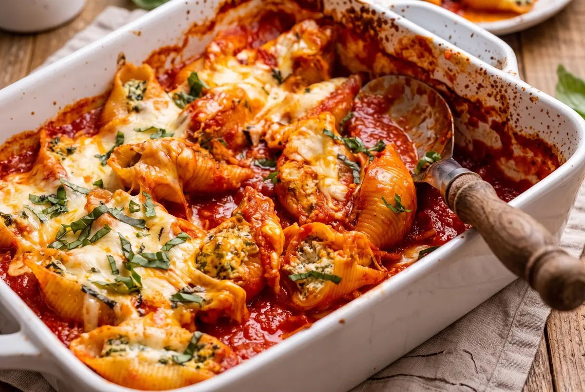 Baked spinach and ricotta stuffed conchiglioni pasta shells in tomato sauce with melted mozzarella