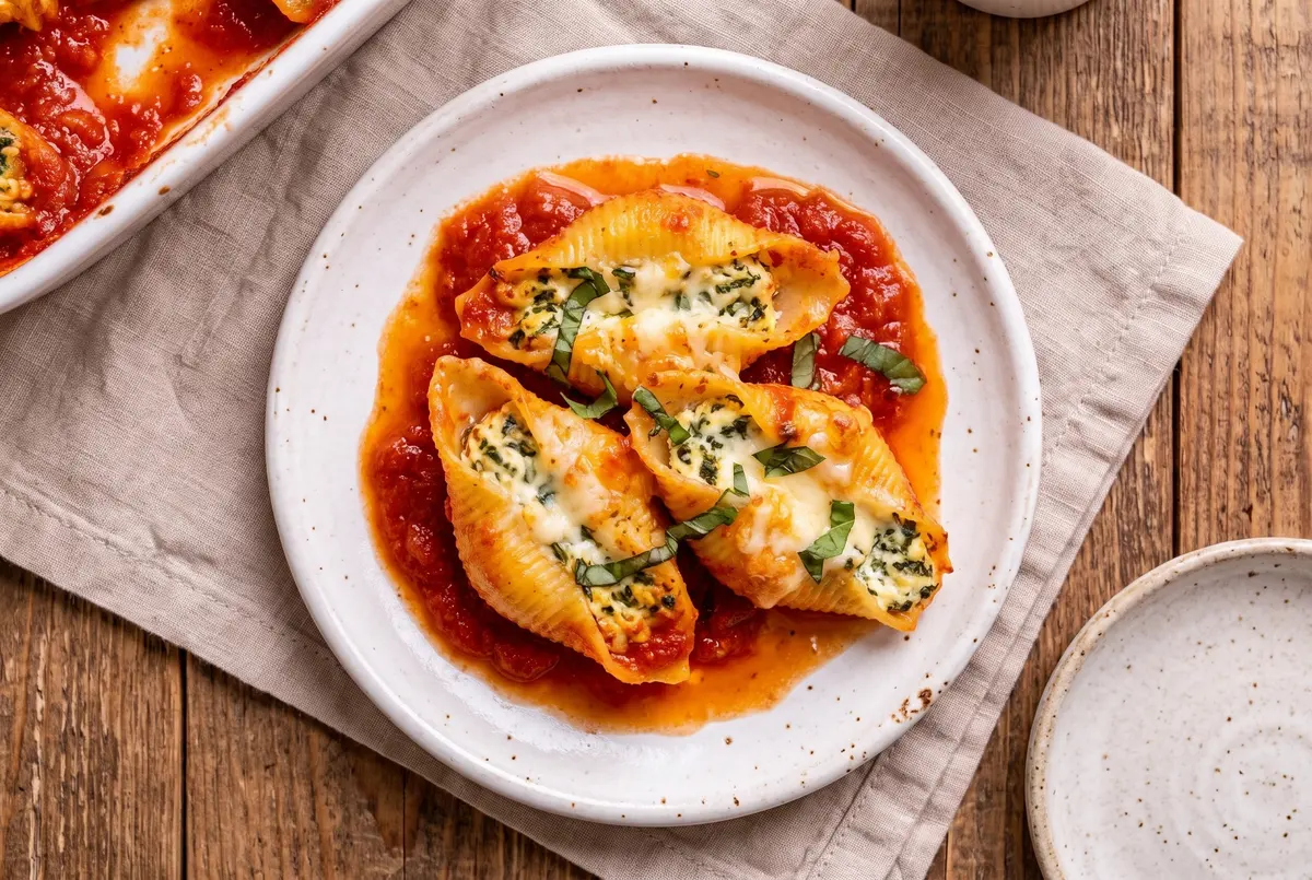 Plated portion of stuffed conchiglioni with tomato sauce