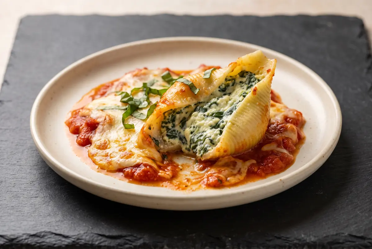 Baked stuffed conchiglioni with golden cheese top in a baking dish