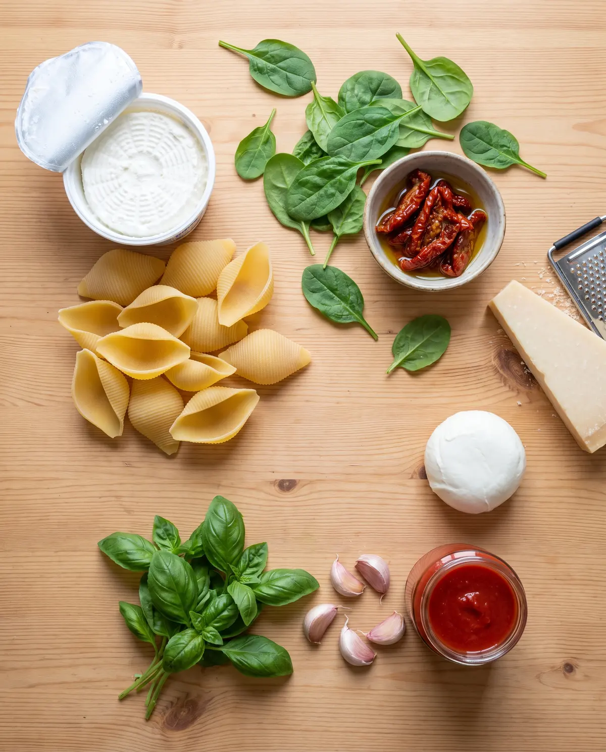Ingredients for stuffed conchiglioni laid out on a wooden table