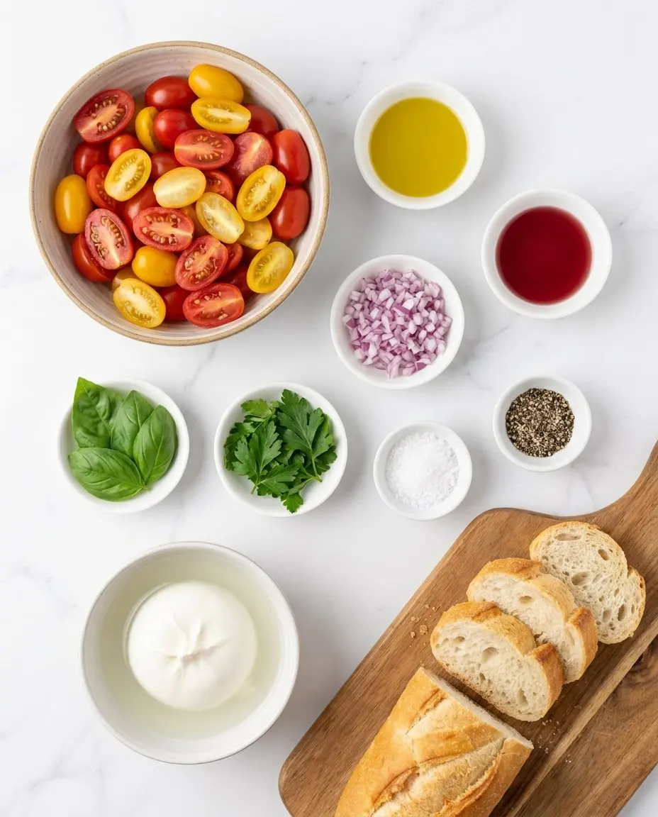 Ingredients for burrata salad: cherry tomatoes, olive oil, red wine vinegar, red onion, basil, parsley, burrata, baguette, salt and pepper