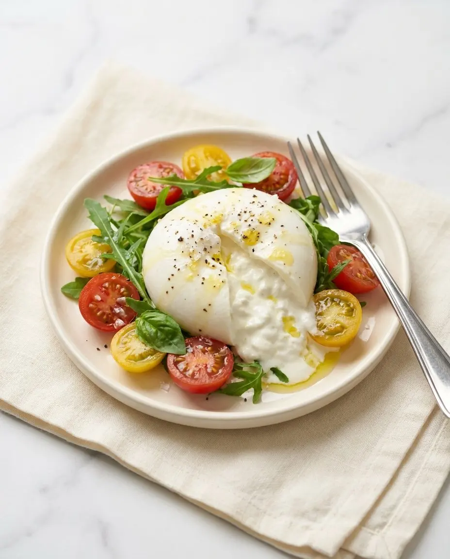 A single serving of burrata salad on a cream plate with tomatoes, arugula, and olive oil drizzle