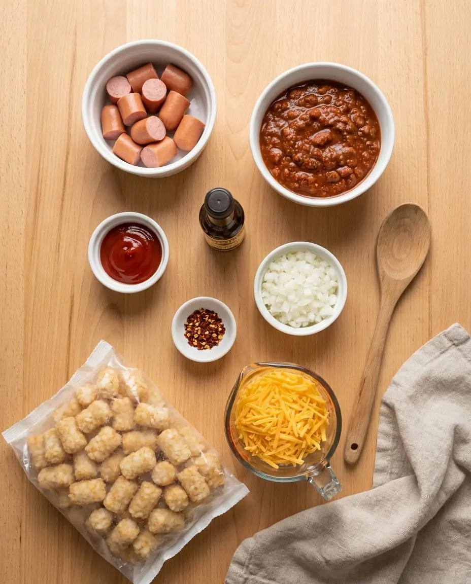 Ingredients for cheesy hot dog tater tot casserole: hot dogs, canned chili, ketchup, Worcestershire sauce, onion, red pepper flakes, cheddar cheese, frozen tater tots