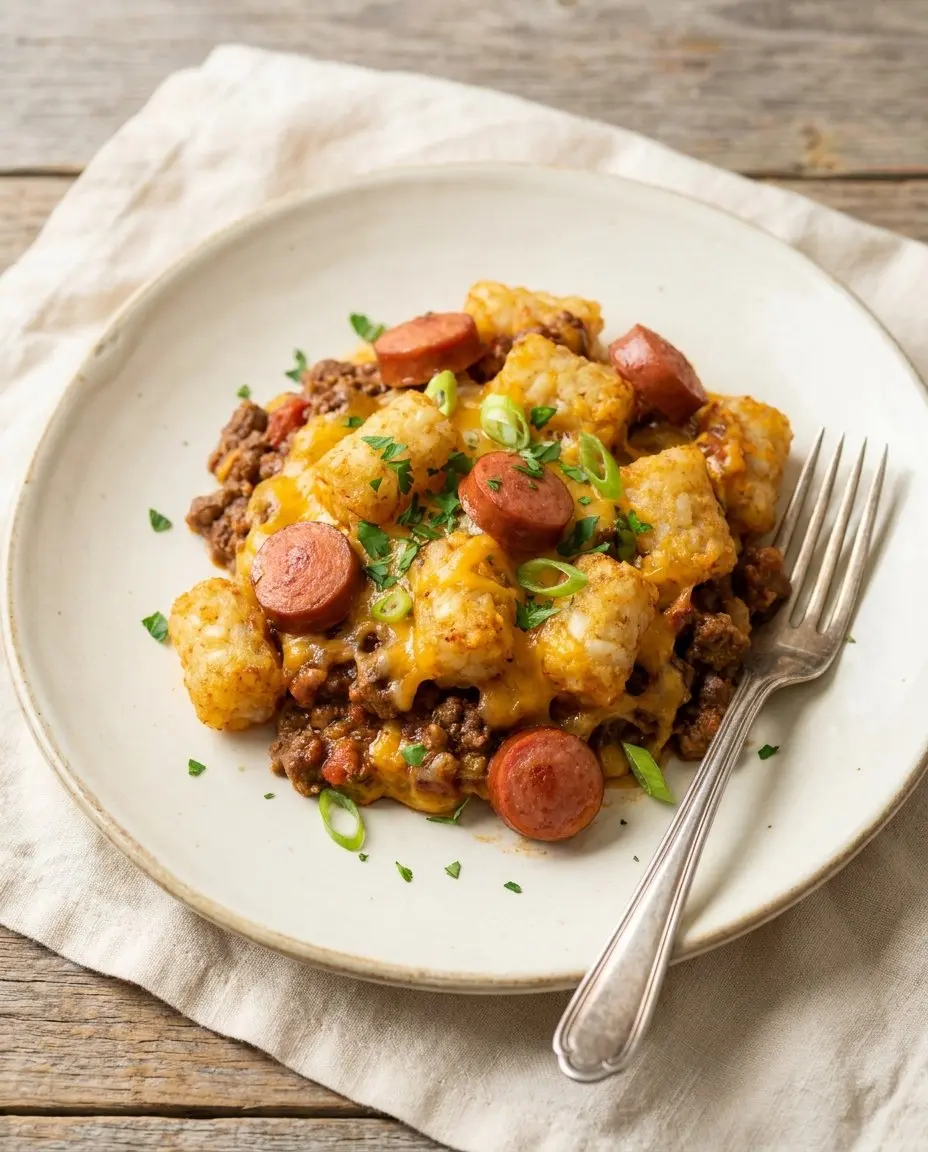 A serving of cheesy hot dog tater tot casserole on a cream plate with parsley garnish