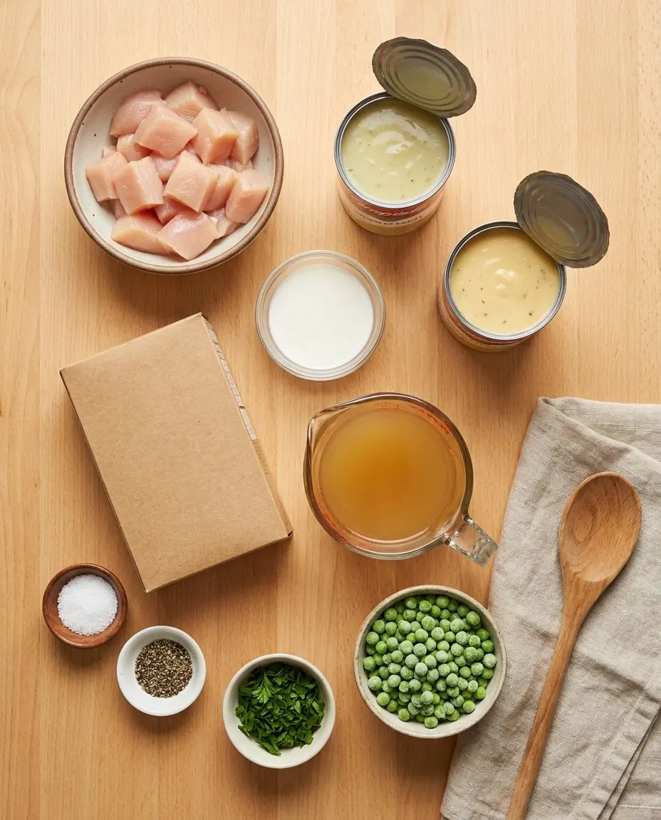 Ingredients for chicken stuffing casserole: chicken tenderloins, cream of celery soup, cream of chicken soup, milk, stuffing mix, chicken broth, frozen peas, parsley