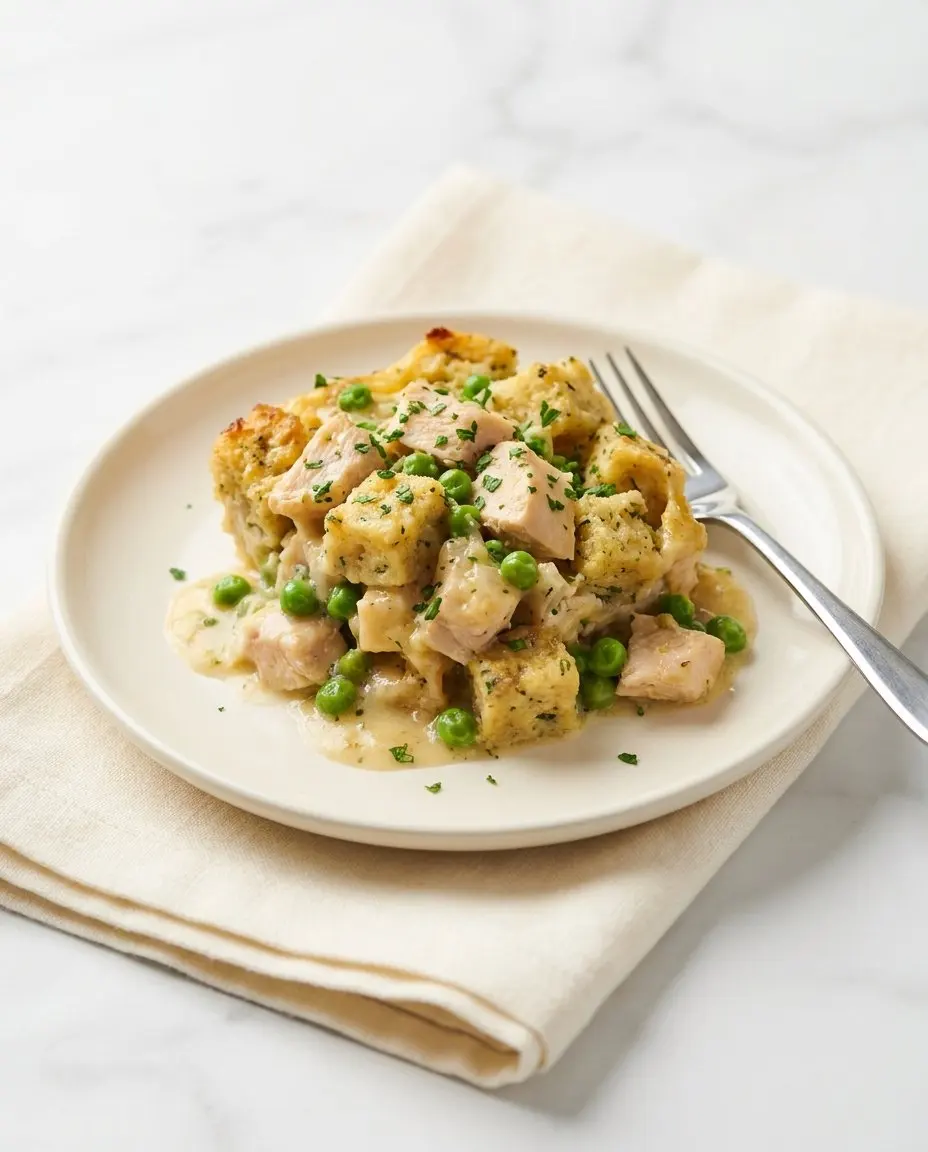 A single serving of chicken stuffing casserole on a cream plate with parsley garnish