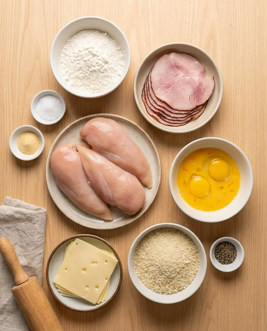 Ingredients for chicken cordon bleu rolls: chicken breasts, Black Forest ham, Swiss cheese, flour, eggs, panko breadcrumbs, garlic powder, salt, pepper