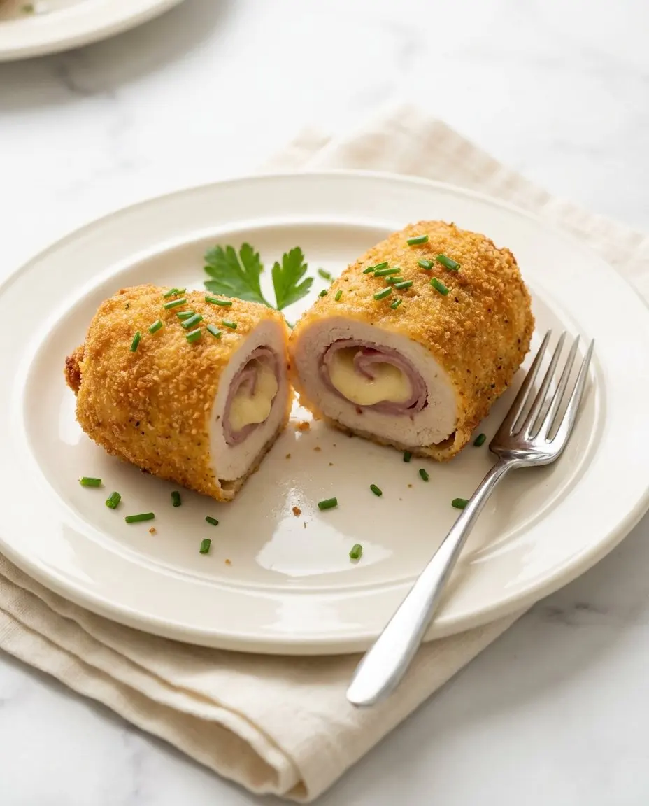 A single chicken cordon bleu roll sliced in half on a cream plate showing melted Swiss and ham spiral