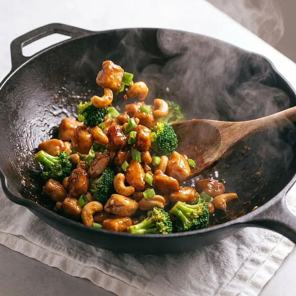 Easy cashew chicken stir fry served with jasmine rice and crunchy cashews
