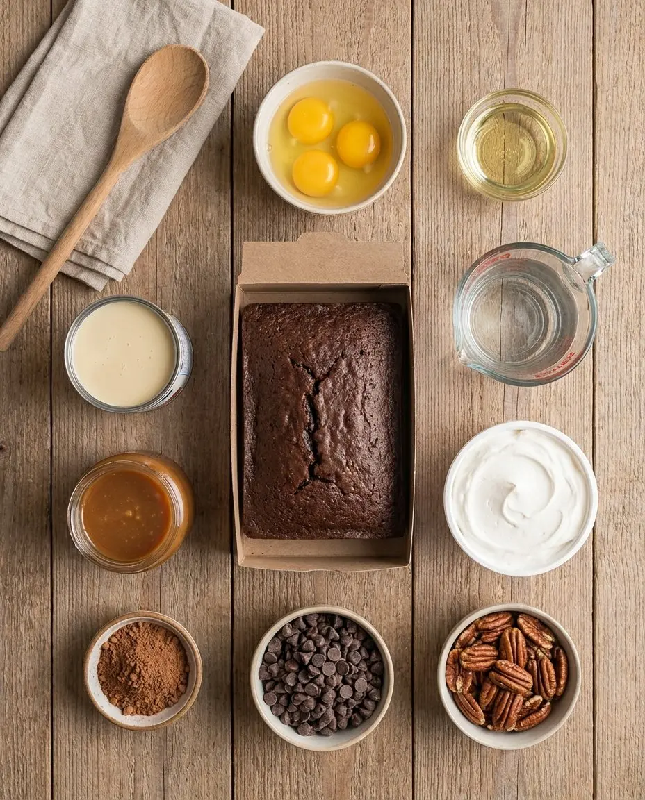 Ingredients for turtle poke cake: chocolate cake mix, sweetened condensed milk, caramel sauce, whipped topping, cocoa powder, chocolate chips, pecans