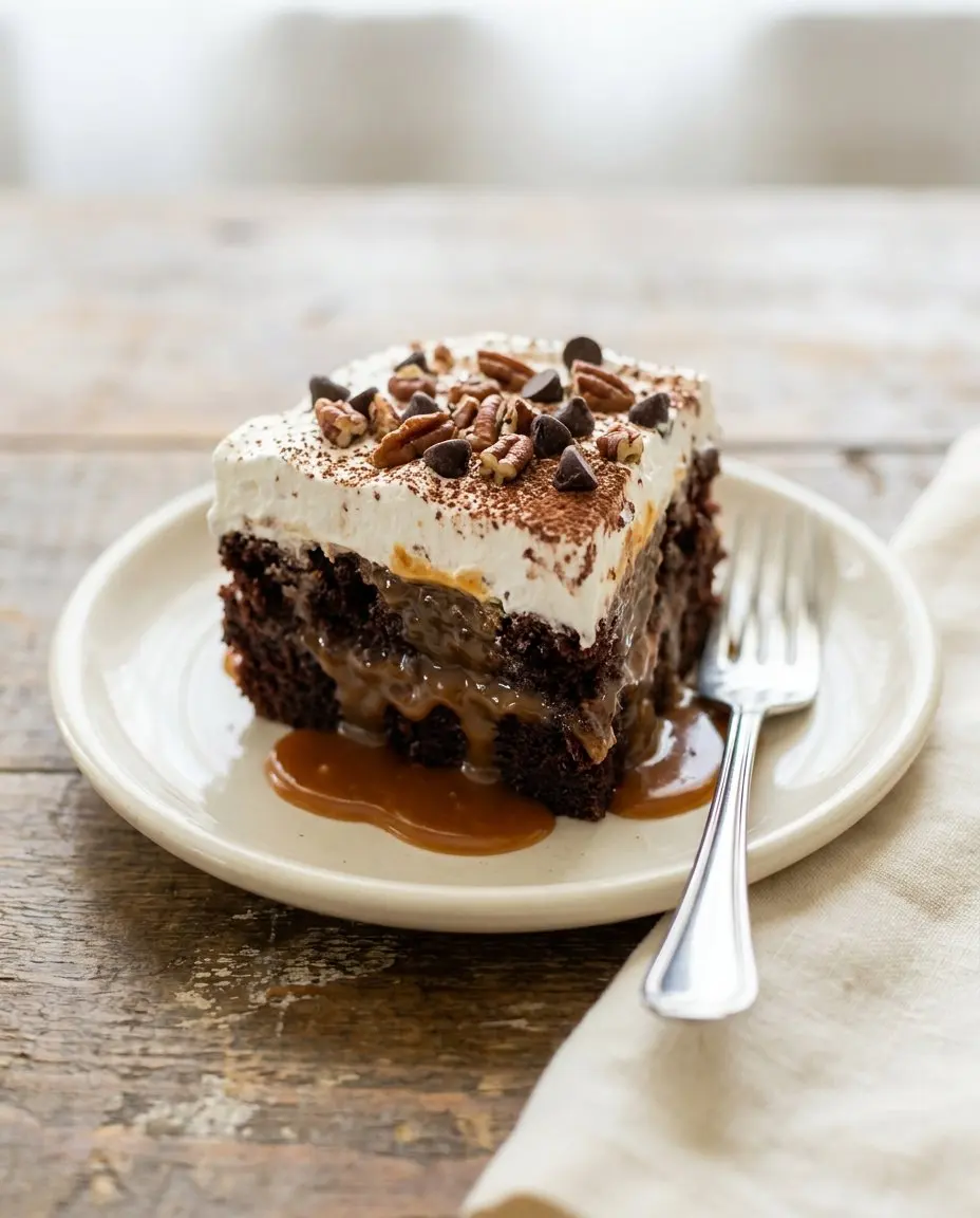 A single slice of turtle poke cake on a cream plate with chocolate chips and pecans