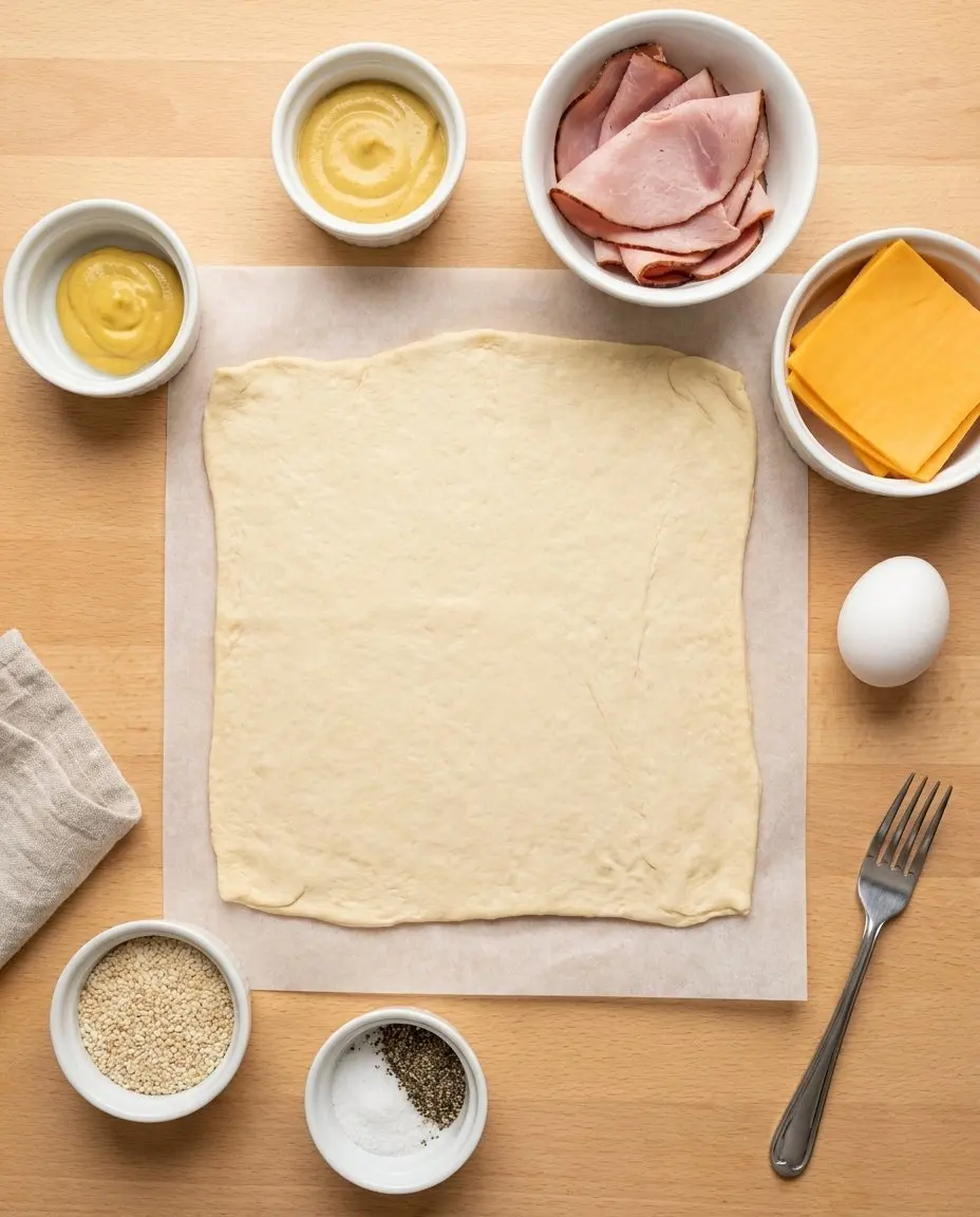 Ingredients for homemade ham and cheese hot pockets: crescent roll dough, mustard, ham, cheddar, egg, sesame seeds, salt, pepper