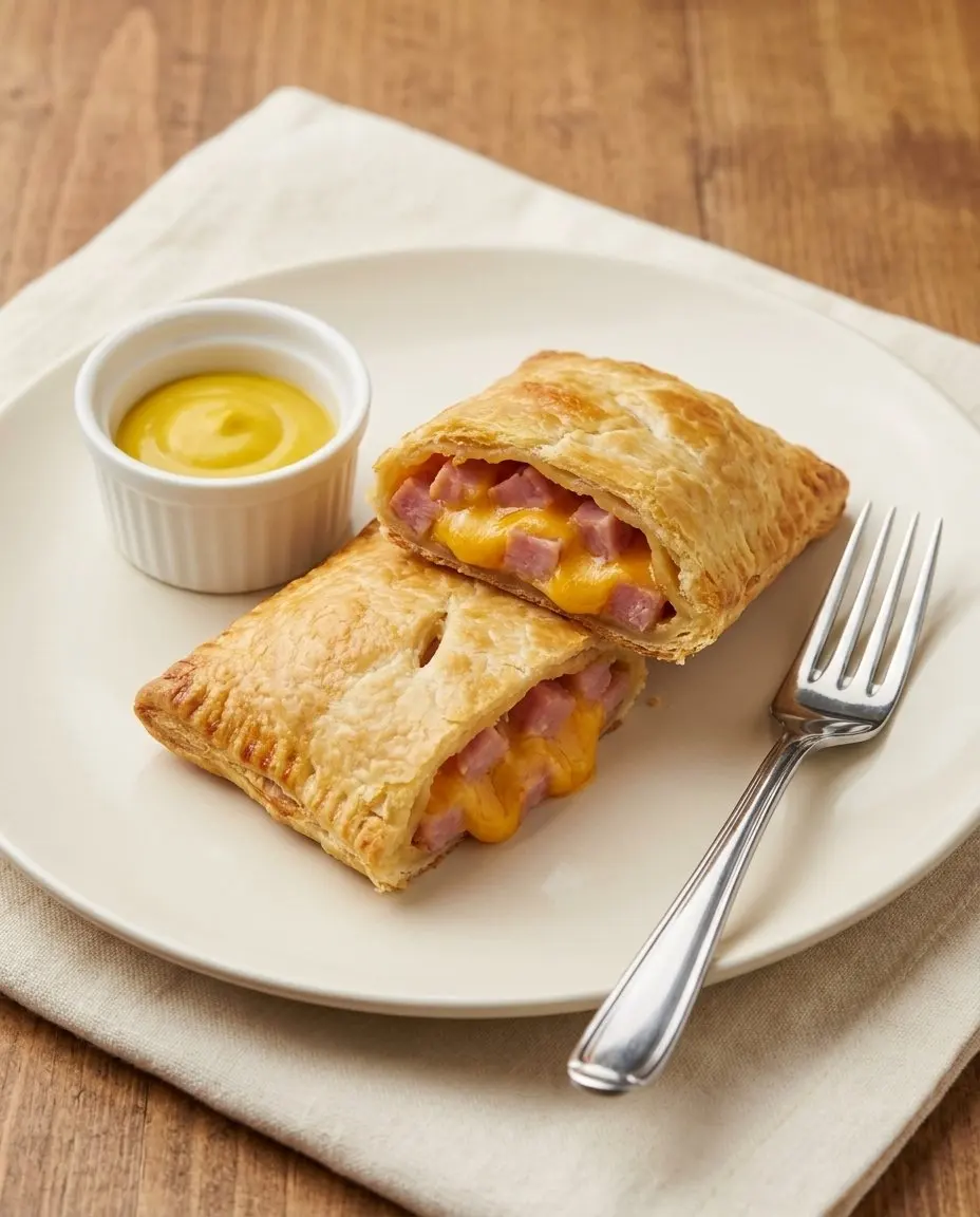 A single ham and cheese hot pocket cut in half on a cream plate with mustard for dipping