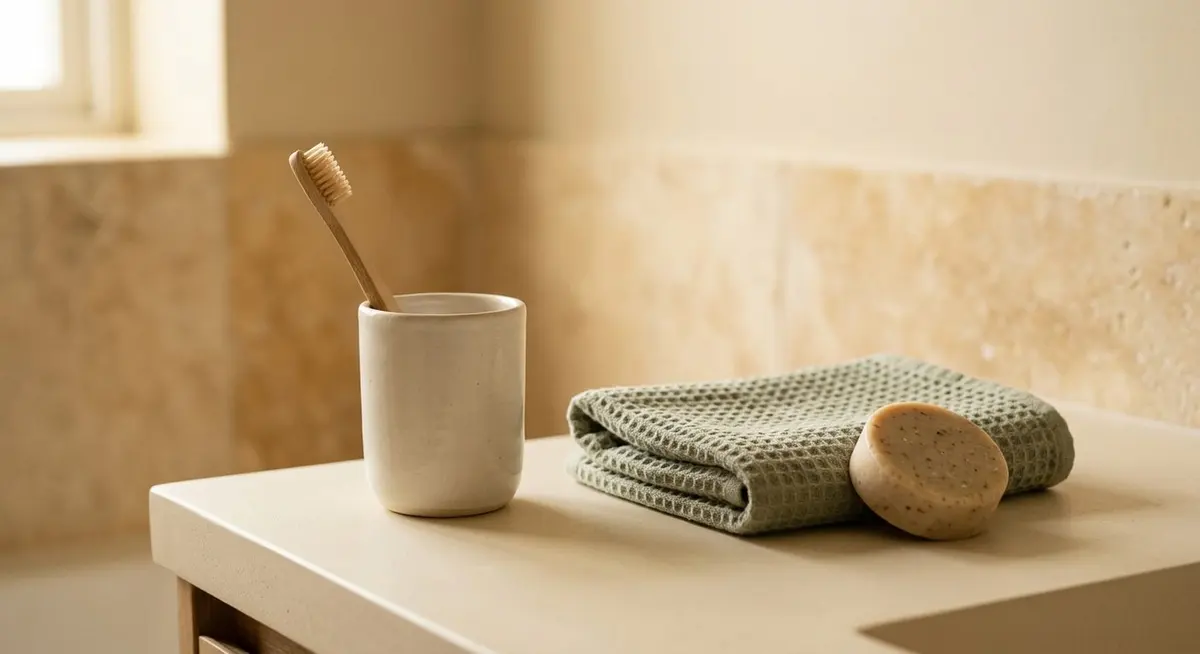 A plain cream bathroom counter with a small ceramic cup holding a toothbrush and a folded sage towel