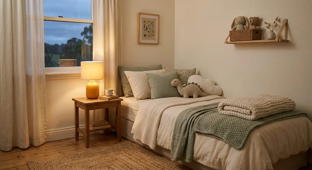 A child's bedroom at dusk with a single warm lamp glowing on a wooden nightstand