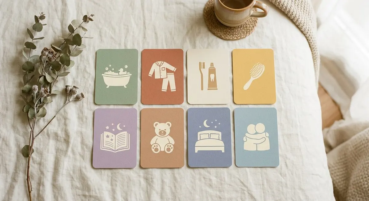 A set of blank illustrated routine cards laid out in a neat grid on a cream linen surface