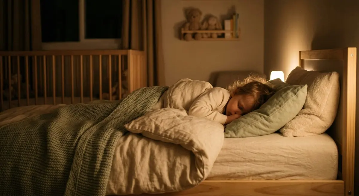 A young child sleeping peacefully in a cosy, dimly lit bedroom