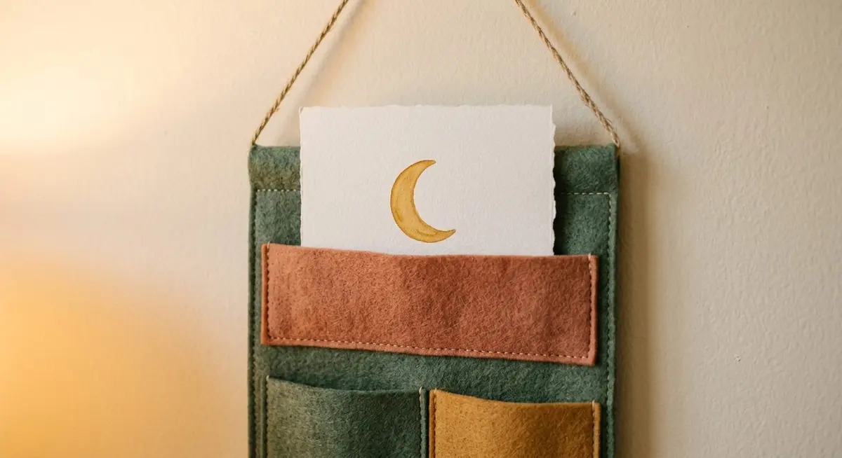 A soft felt wall pocket chart holding a single blank card with a simple moon illustration