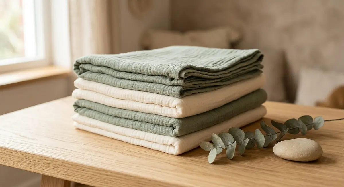A stack of folded cream and sage muslin blankets beside a sprig of dried eucalyptus on a pale surface