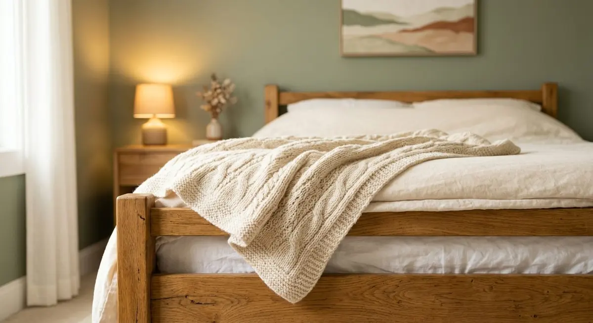 A soft cream knitted blanket draped over the foot of a simple wooden bed in a calm, warmly lit bedroom